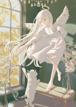 Rule 34 | 1girl, absurdres, angel, angel wings, arm behind back, barefoot, cat, chandelier, dress, feathered wings, flower, grey eyes, halo, highres, indoors, light particles, long hair, long sleeves, nekory, original, parted lips, signature, solo, standing, traditional halo, vase, white dress, white flower, white hair, window, wings