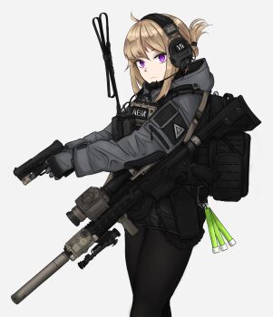 1girl absurdres ahoge ammunition_pouch antennae backpack bag battle_rifle belt bipod black_bag black_belt black_pantyhose black_shorts blonde_hair bulletproof_vest closed_mouth commentary cowboy_shot ear_protection english_commentary expressionless flashlight fte_(fifteen_199) gloves glowstick grey_gloves grey_jacket gun gun_sling h&amp;k_hk417 h&amp;k_usp hairstyle_request handgun headset highres holding holding_gun holding_weapon holster hood hooded_jacket jacket laser_sight load_bearing_vest long_sleeves looking_at_viewer magazine_(weapon) military_operator original pantyhose pouch purple_eyes rifle scope shorts sidelocks sight_magnifier simple_background solo standing suppressor tactical_clothes trigger_discipline unit_patch vertical_foregrip walkie-talkie weapon white_background