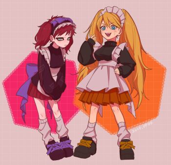 2girls absurdres apron aqua_eyes black_shoes black_sweater blonde_hair blue_bow blue_eyes bow breasts facial_mark full_body furrowed_brow gaara_(naruto) genderswap genderswap_(mtf) grid_background hair_between_eyes hand_on_own_hip highres hotsandcoffee light_blush light_frown long_hair loose_socks maid maid_apron maid_headdress medium_breasts multiple_girls naruko_(naruto) naruto_(series) no_eyebrows open_mouth orange_skirt own_hands_together pleated_skirt red_hair red_skirt scar scar_on_face scar_on_forehead shoes skirt smile socks sweater turtleneck turtleneck_sweater twintails whisker_markings white_socks