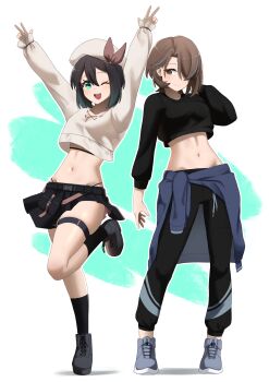 2girls absurdres aqua_eyes arms_up beret black_hair black_pants black_skirt black_socks black_sweater blue_hair blush borrowed_character brown_eyes brown_hair casual closed_mouth clothes_around_waist cropped_sweater double_w eyelashes fav_faris full_body grey_shoes hair_between_eyes hair_over_one_eye hat highres long_sleeves midriff multicolored_hair multiple_girls navel one_eye_closed open_mouth original pants shoelaces shoes short_hair skirt smile socks standing standing_on_one_leg streaked_hair sweater teeth thigh_strap thighs upper_teeth_only w white_background white_hat