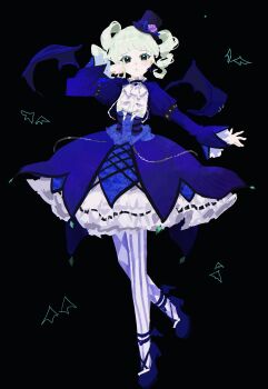 Rule 34 | 1girl, absurdres, aikatsu!, aikatsu! (series), ascot, asymmetrical legwear, bat wings, black background, blue dress, blue shoes, blunt bangs, commentary request, dress, drill hair, frilled dress, frills, full body, gothic lolita, green eyes, hat, highres, juliet sleeves, lolita fashion, long hair, long sleeves, looking at viewer, mini hat, mini top hat, minyono, mismatched legwear, pantyhose, puffy sleeves, shoes, simple background, solo, standing, standing on one leg, todo yurika, top hat, twin drills, twintails, white ascot, white pantyhose, wings