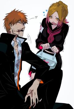 1boy 1girl 31ulkubo bleach bleeding blood blood_from_forehead breasts highres inoue_orihime kurosaki_ichigo large_breasts laughing nosebleed official_alternate_costume orange_eyes orange_hair ponytail school_uniform short_hair simple_background white_background