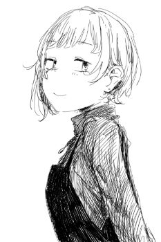 1girl 524ryo closed_mouth commentary_request earrings greyscale highres jewelry link!_like!_love_live! long_sleeves looking_at_viewer love_live! monochrome official_alternate_costume simple_background smile solo star_(symbol) star_earrings sweater turtleneck turtleneck_sweater upper_body virtual_youtuber white_background yugiri_tsuzuri yugiri_tsuzuri_(post-graduation)