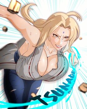 1girl blonde_hair breasts character_name cleavage curtained_hair facial_mark forehead_mark happi highres huge_breasts japanese_clothes motion_lines naruto_(series) saburo_des short_eyebrows signature solo speed_lines tsunade_(naruto) twitter_username unaligned_breasts white_background yellow_eyes