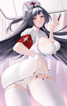 1girl absurdres alternate_costume armband ass astra_yao black_hair breasts closed_mouth commentary cowboy_shot curtains dress english_commentary from_behind hair_intakes hairband hand_on_own_ass hat highres holding holding_syringe indoors infirmary large_breasts long_hair looking_at_viewer looking_back monogatari0204 nurse_cap panties puffy_sleeves red_armband red_eyes red_nails smile solo syringe thighhighs underwear white_dress white_hairband white_panties white_thighhighs white_wrist_cuffs wrist_cuffs zenless_zone_zero
