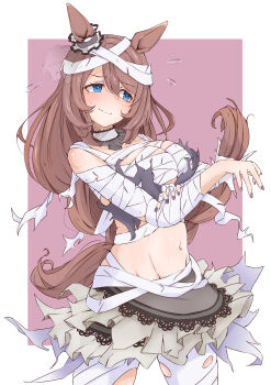 1girl absurdres animal_ears arm_under_breasts averting_eyes bandaged_arm bandaged_head bandaged_leg bandaged_torso bandages blue_eyes blush border breasts brown_hair choker closed_mouth commentary_request cowboy_shot ear_ornament ear_scrunchie embarrassed facing_viewer flying_sweatdrops frilled_skirt frills furrowed_brow hair_between_eyes halloween_costume hand_on_own_arm heart highres horse_ears horse_girl horse_tail lace_trim large_breasts legs_apart long_hair midriff miniskirt mummy_costume navel official_alternate_costume outside_border purple_nails red_background shijimi_(sijimi1917) sideways_glance simple_background skirt smile solo standing super_creek_(chiffon-wrapped_mummy)_(umamusume) super_creek_(umamusume) sweatdrop swept_bangs tail tareme tongue tongue_out torn_bandages torn_clothes umamusume very_long_hair wavy_mouth white_border white_choker