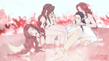 1boy 3girls aerith_gainsborough barefoot bindi black_hair bracelet breasts brown_hair choker feet female_pubic_hair final_fantasy final_fantasy_vii final_fantasy_vii_remake green_eyes hair_ribbon highres jewelry long_hair multiple_girls nail_polish nipples nude pubic_hair ribbon shirt square_enix topless_female tseng turks_(ff7) voaleine white_shirt