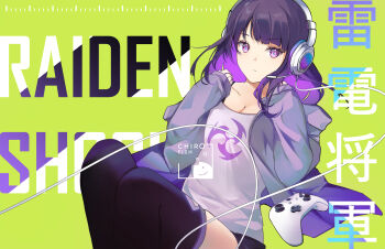 1girl alternate_costume alternate_universe artist_name blue_pupils blunt_bangs breasts character_name chiroyo cleavage closed_mouth collarbone commentary contemporary controller english_commentary english_text expressionless genshin_impact gradient_hair green_background grey_shirt headphones headset highres holding holding_controller holding_remote_control hood hooded_jacket jacket leaning_back long_hair long_sleeves looking_to_the_side mole mole_under_eye multicolored_eyes multicolored_hair open_clothes open_jacket purple_eyes purple_hair purple_thighhighs raiden_shogun remote_control shirt solo thighhighs