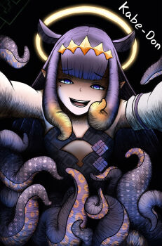 1girl baloolax blunt_bangs detached_sleeves flat_chest gradient_hair halo highres hololive hololive_english kabedon mole mole_under_eye multicolored_hair ninomae_ina&#039;nis open_mouth orange_hair pointy_ears purple_hair single_sleeve smile solo tentacle_hair tentacles upper_body virtual_youtuber