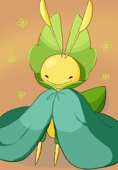 1girl ^_^ antennae arthropod_girl blush cloak closed_eyes closed_mouth clothed_pokemon colored_skin female_focus full_body furry furry_female gen_5_pokemon green_cloak green_skin happy knees_up leavanny monya multicolored_skin nintendo no_feet orange_background pokemon pokemon_(creature) simple_background sitting smile solo yellow_skin