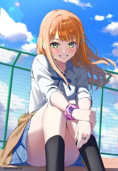 1girl black_socks blue_ribbon blue_skirt blue_sky blush clothes_around_waist day dot_nose fence floating_hair gakuen_idolmaster green_eyes grin hair_ornament hairclip hatsuboshi_gakuen_school_uniform heart heart_print highres holding_own_arm idolmaster jewelry lens_flare long_hair looking_at_viewer mole mole_under_eye nail_polish neck_ribbon necklace orange_hair outdoors pink_nails pleated_skirt print_scrunchie purple_scrunchie ribbon ring school_uniform scrunchie shirt shiun_sumika sitting skirt sky sleeves_rolled_up smile socks solo straight_hair twitter_username white_shirt wrist_scrunchie yoshinatsu