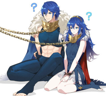 1boy 1girl ? abs ameno_(a_meno0) basilio_(fire_emblem) basilio_(fire_emblem)_(cosplay) blue_eyes blue_hair blue_pants blue_shirt blue_tunic bound bound_wrists brand_of_the_exalt cape chain chain_leash chrom_(fire_emblem) chrom_(pivotal_blow)_(fire_emblem) closed_mouth collar cosplay cropped_shirt fire_emblem fire_emblem_awakening fire_emblem_heroes fur_trim gladiator gold_collar leash long_hair lucina_(fire_emblem) marth_(fire_emblem_awakening) marth_(masked_gladiator)_(fire_emblem_awakening) midriff nintendo official_alternate_costume pants rope shirt simple_background sitting sweatdrop tunic wariza white_cape
