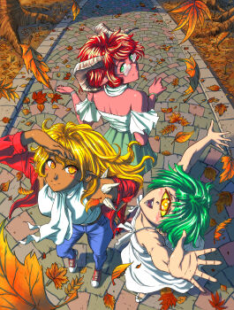 3girls arms_up ascot autumn autumn_leaves back-to-back baron_of_hell blonde_hair blue_pants blush borrowed_design bracelet cacodemon colored_sclera colored_skin commentary converse cyclops dark-skinned_female dark_skin day demon_girl denim doom_(series) dress flat_chest genderswap genderswap_(mtf) glasses green_eyes green_hair green_skirt group_picture highres imp_(doom) jeans jewelry leaf long_arms long_hair monster_girl multiple_girls one-eyed orange_eyes outdoors panties pants pink_skin red_hair rimless_eyewear shading_eyes shoes skirt slit_pupils sneakers spikes strapless substance20 sundress underwear watch white_dress wristwatch yellow_sclera