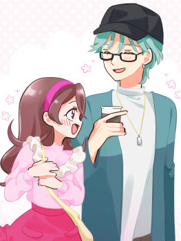 1boy 1girl bag baseball baseball_cap blush brown_hair cardigan coffee couple cup dating disposable_coffee_cup disposable_cup dots earrings facing_to_the_side flirting frilled_shirt frills glasses green_cardigan green_eyes green_hair green_jacket hair_between_eyes hat headband height_difference hibiki_kaito highres holding holding_cup hoop_earrings jacket jewelry kimi_to_idol_precure long_hair long_sleeves mature_male multiple_earrings necklace nekoko_(nekonekonya) open_cardigan open_clothes open_mouth parted_bangs pink_headband pink_shirt pink_skirt polka_dot polka_dot_background precure profile sakura_uta_(precure) shirt shoulder_bag skirt smile talking upper_body