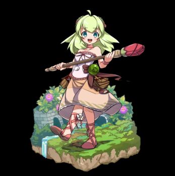 :d ahoge bag bare_shoulders black_background blush bow breasts brick brown_bow choker collarbone crop_top flower full_body green_eyes green_hair hair_between_eyes highres holding holding_staff leaf long_hair looking_at_viewer mabel_(merc_storia) merc_storia merc_storia_art_team official_art open_mouth orb pink_choker pink_sandals sandals simple_background skirt small_breasts smile solo staff standing tachi-e teeth upper_teeth_only water wristband