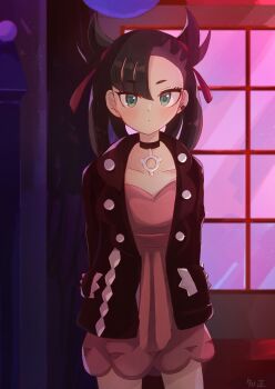 1girl absurdres arms_behind_back asymmetrical_bangs black_choker black_hair black_jacket choker closed_mouth cowboy_shot dress earrings green_eyes hair_ribbon highres jacket jewelry looking_at_viewer marnie_(pokemon) nintendo pink_dress pokemon pokemon_swsh red_ribbon ribbon single_earring solo tomomasa_(coralsea23) twintails undercut window