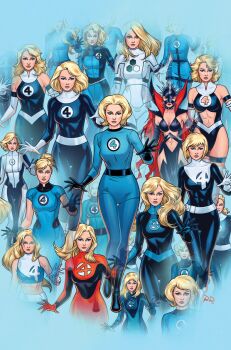 Rule 34 | 1girl, blonde hair, blue background, blue bodysuit, blue eyes, blue gloves, bodysuit, breasts, choker, cleavage, cleavage cutout, clothing cutout, comic cover, commentary, cowl, crop top, dark persona, elbow gloves, english commentary, fantastic four, gloves, highres, long hair, looking at viewer, malice (sue storm), marvel, medium breasts, multicolored bodysuit, multiple persona, navel, navel cutout, official alternate costume, official art, red bodysuit, russell dauterman, short hair, spiked, spiked choker, spikes, stomach cutout, sue storm, sue storm (future foundation), superhero costume, toned, toned female, western comics (style), white bodysuit, white gloves
