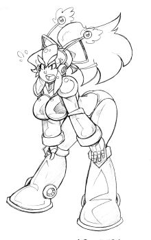 antennae armor armored_boots armored_gloves arms_up bikini_armor boots breasts commentary english_commentary hair_ribbon hairband hands_on_own_knees headphones highres hyper_roll_(marvel_vs._capcom) ink joints knee_boots large_breasts lineart long_hair looking_at_viewer marvel_vs._capcom mechanical_arms mechanical_boots mechanical_legs mega_man_(classic) mega_man_(series) ponytail pumpkinsareholy radio_antenna ribbon robot robot_girl robot_joints roll_(mega_man) shoulder_armor sidelocks simple_background smile white_background