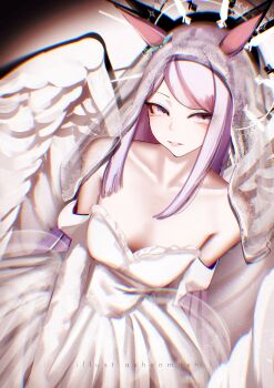 1girl absurdres animal_ears aqua_bow ashenmash bare_shoulders bow breasts bridal_veil collarbone commentary dress elbow_gloves english_commentary gloves highres horse_ears horse_girl horse_tail long_hair looking_at_viewer mejiro_mcqueen_(umamusume) purple_eyes purple_hair solo strapless strapless_dress tail umamusume veil wedding_dress white_dress white_gloves white_veil white_wings wings