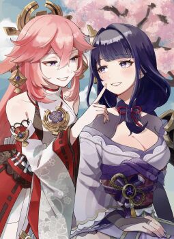 2girls absurdres animal_ear_piercing animal_ears armor asymmetrical_sleeves bare_shoulders blue_pupils blunt_bangs blush braid breasts bridal_gauntlets cleavage clothing_cutout collarbone commentary_request couple detached_sleeves eyeliner fox_ears fox_girl genshin_impact hair_between_eyes hair_ornament hand_on_another&#039;s_cheek hand_on_another&#039;s_face head_tilt headpiece highres index_finger_raised japanese_armor japanese_clothes jewelry kimono large_breasts long_braid long_hair looking_at_another looking_to_the_side makeup mitsudomoe_(shape) mole mole_under_eye multicolored_eyes multiple_girls neck_ribbon nontraditional_miko off_shoulder outdoors parted_lips pendant pink_hair pink_lips purple_eyes purple_hair purple_kimono purple_nails raiden_shogun red_eyeliner red_ribbon red_sash ribbon sash shade shoulder_armor shoulder_cutout shy single_braid sitting sleeveless smile standing teeth tofu_wk_mha tomoe_(symbol) uneven_sleeves wide_sleeves yae_miko yuri