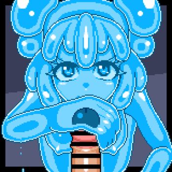1boy 1girl animated animated_gif bar_censor blue_eyes blue_hair breasts censored closed_mouth commission glansjob large_breasts looking_at_viewer monster_girl nipples original penis pixel_art pixiv_commission short_hair slime_girl smile uramomo