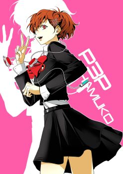 1girl absurdres black_jacket black_skirt bow character_name copyright_name cowboy_shot digital_media_player digital_walkman drop_shadow earphones from_side gekkoukan_high_school_uniform hand_up highres jacket looking_to_the_side one_eye_closed open_mouth persona persona_3 persona_3_portable pink_background pleated_skirt ponytail red_bow red_eyes red_hair sa1meunegg school_uniform shiomi_kotone short_hair simple_background skirt smile solo teeth upper_teeth_only v walkman_nw-s203f