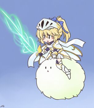 Rule 34 | 1girl, 216, alternate costume, alternate hair color, armor, armored boots, blonde hair, blue background, blue bow, boots, bow, breastplate, commentary request, daiyousei, fairy, fairy wings, faulds, gauntlets, gold trim, gradient background, hair bow, holding, holding sword, holding weapon, kedama (touhou), long hair, multiple wings, open mouth, ornate armor, riding, scarf, shoulder armor, signature, smile, sword, thigh boots, touhou, touhou lostword, visor (armor), weapon, white armor, white scarf, wings