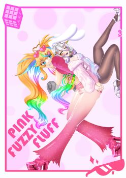 2girls absurdres ahoge animal_ears arielle_(vtuber) blonde_hair blue_eyes breasts carrot_hair_ornament cleavage dreynnkas eyewear_on_head fishnet_pantyhose fishnets food-themed_hair_ornament fur_jacket gradient_pants grey_hair grin hair_between_eyes hair_ornament heart heart-shaped_pupils heart_ahoge henya_the_genius henya_the_genius_(bunniversary) highres holding_hands indie_virtual_youtuber jacket large_breasts legs leotard long_hair looking_at_another lop_rabbit_ears multicolored_hair multiple_girls open_mouth pants pantyhose pink_jacket pink_nails pink_pants pink_shoes platform_heels playboy_bunny purple_leotard rabbit_ears rabbit_girl rainbow_hair shoes small_breasts smile strapless sunglasses symbol-shaped_pupils tube_top twintails virtual_youtuber vshojo white_tube_top yellow_eyes