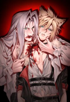 2boys alternate_costume animal_ears bare_pectorals belt black_belt black_collar black_jacket black_pants blonde_hair blood blood_on_clothes blood_on_face blood_on_mouth blood_on_neck blouse blue_eyes chain chain_leash chest_harness cloud_strife collar commentary_request drinking_blood drop_shadow fangs final_fantasy final_fantasy_vii frilled_shirt frilled_sleeves frills green_eyes grey_hair hair_intakes halloween hand_on_another&#039;s_face hands_up harness highres jacket kaminotsuki0215 kemonomimi_mode leash leash_pull long_bangs long_hair long_sleeves male_focus midriff_peek multiple_boys navel open_clothes open_jacket pants parted_bangs parted_lips pectorals puffy_long_sleeves puffy_sleeves red_background sephiroth shirt short_hair spiked_hair toned toned_male upper_body vampire white_shirt wolf_ears yaoi