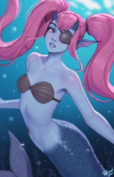 1girl artist_name barbell_piercing bikini black_bikini blue_skin breasts colored_skin commentary english_commentary eyepatch fins head_fins highres horns long_hair looking_at_viewer mermaid monster_girl navel_piercing original parted_lips personal_ami piercing pink_hair purple_eyes shell shell_bikini shell_eyepatch signature small_breasts solo swimsuit twintails underwater