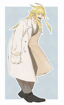 1boy :d absurdres alternate_costume black_boots blonde_hair blunt_bangs boots brown_pants coat colored_eyelashes dean_(satori-fujioka) full_body hands_in_pockets highres ivor_(pokemon) looking_at_viewer male_focus mole mole_under_mouth nintendo open_mouth orange_eyes pants pokemon pokemon_legends:_z-a sidelocks smile solo white_coat