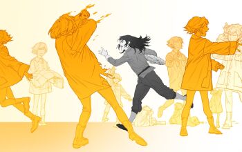 1boy 6+girls abaddon_(haunted_hotel) clone coat commentary_request esther_freeling gradient_background haunted_hotel highres korean_commentary long_hair multiple_girls rickorty_08 running yellow_background yellow_theme