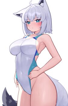 1girl absurdres ahoge animal_ear_fluff animal_ears blue_eyes blush breasts closed_mouth covered_navel cowboy_shot deaver fox_ears fox_girl fox_tail highres hololive large_breasts looking_at_viewer one-piece_swimsuit shirakami_fubuki short_hair simple_background solo swimsuit tail virtual_youtuber white_background white_hair white_one-piece_swimsuit