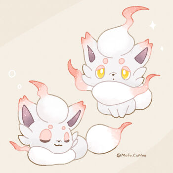 Rule 34 | :3, absurdres, bright pupils, closed eyes, commentary request, grey background, highres, hisuian zorua, mofucoffee, nintendo, no humans, pokemon, pokemon (creature), pokemon focus, simple background, sparkle, triangle mouth, twitter username, white pupils, yellow eyes