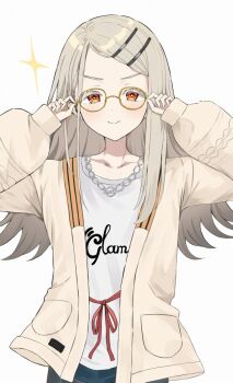 1girl adjusting_eyewear blonde_hair blush brown_cardigan cardigan chain chain_necklace closed_mouth clothes_writing collarbone commentary_request earrings flipped_hair gakuen_idolmaster glasses gradient_hair grey_hair hair_ornament hairclip hands_up highres idolmaster issei_draw jewelry long_hair long_sleeves looking_at_viewer multicolored_hair necklace open_cardigan open_clothes parallel_hairclips puffy_long_sleeves puffy_sleeves shinosawa_hiro shirt simple_background smile solo sparkle stud_earrings t-shirt upper_body variant_set white_background white_shirt yellow-framed_eyewear