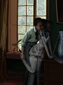 1boy 1girl absurdres artist_name black_bow black_hair bow cabinet collared_shirt commentary curtains dress english_commentary garter_belt grey_pants hand_on_another&#039;s_thigh hetero highres holding_another&#039;s_leg humanoid_robot kiss kissing_neck leg_up muntins original panties pants robophilia robot robot_girl see-through_clothes shirt short_hair table tablet_pc telescope thighhighs underwear white_dress white_panties white_shirt white_thighhighs window zarzaliel