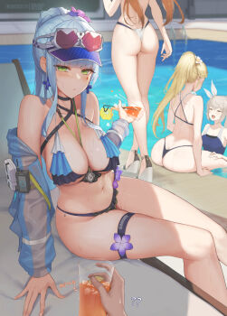1boy 4girls artist_name ass beach_chair between_breasts bikini black_bikini blonde_hair blue_hair blue_one-piece_swimsuit breasts butt_crack centaureissi_(girls'_frontline_2) cleavage commentary criss-cross_halter cross cross-laced_bikini cross-laced_clothes cross_earrings earrings eliskalti english_commentary eyewear_on_head g36_(50_days_with_g36)_(girls'_frontline) g36_(girls'_frontline) girls'_frontline girls'_frontline_2:_exilium green_eyes halterneck highres hk416_(girls'_frontline) jacket jewelry klukai_(cerulean_breaker)_(girls'_frontline_2) klukai_(girls'_frontline_2) large_breasts long_hair looking_at_viewer multiple_girls navel official_alternate_costume one-piece_swimsuit outdoors ponytail poolside pout pov pov_hands see-through_clothes see-through_jacket sharkry_(girls'_frontline_2) sharkry_(swimsuit_idol)_(girls'_frontline_2) side_ponytail springfield_(girls'_frontline) springfield_(stirring_mermaid)_(girls'_frontline) swimsuit teardrop_facial_mark thigh_strap visor_cap