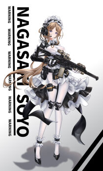 Rule 34 | 1girl, assault rifle, bang dream!, bang dream! it's mygo!!!!!, black gloves, black shoes, blue eyes, breasts, brown hair, character name, chibi, commentary request, covered erect nipples, full body, gloves, gun, h&amp;k hk416, headdress, headset, highres, holding, holding gun, holding weapon, iue (pixiv 95802465), large breasts, long hair, maid, maid headdress, microphone, nagasaki soyo, pantyhose, rifle, shoes, solo, very long hair, weapon, white background, white gloves, white pantyhose