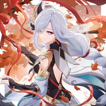 Rule 34 | 1girl, absurdres, autumn leaves, black gloves, braid, breasts, chinese clothes, closed mouth, commentary, copyright name, earrings, english commentary, falling leaves, floating hair, from behind, genshin impact, gloves, grey hair, hair between eyes, hand up, highres, jewelry, leaf, long hair, long sleeves, looking at viewer, official art, outdoors, partially fingerless gloves, shenhe (genshin impact), smile, tassel, tassel earrings, very long hair