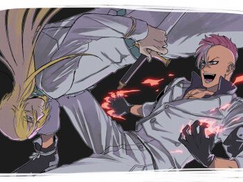 2boys a_nzi_end bazz-b black_gloves bleach blonde_hair closed_mouth commentary_request fingerless_gloves gloves highres holding holding_sword holding_weapon jugram_haschwalth male_focus mohawk multiple_boys open_mouth pants pink_hair shirt short_hair sword weapon white_pants white_shirt