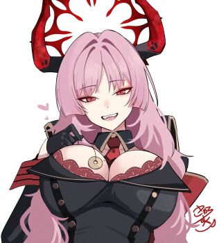 1girl absurdres blue_archive bra bra_peek breasts coin coin_on_string commentary_request fangs halo heart highres holding holding_pendulum holed_coin horns hypnosis hypnotizing_viewer kyurosuku long_hair looking_at_viewer mind_control mole mole_on_breast multicolored_horns necktie open_mouth pendulum pink_hair red_bra red_eyes red_halo red_horns red_necktie satsuki_(blue_archive) signature simple_background solo teeth two-tone_horns underwear upper_body very_long_hair white_background