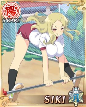 1girl :q ass blonde_hair border breasts breasts_squeezed_together card_(medium) chain-link_fence character_name closed_eyes day dolphin_shorts fence game_cg gym_uniform gymnastics hair_ornament hairclip large_breasts long_hair middle_part mole mole_under_mouth official_art outdoors parted_bangs red_eyes red_shorts senran_kagura senran_kagura_new_wave shiki_(senran_kagura) shirt shorts smile solo third-party_source tongue tongue_out white_shirt