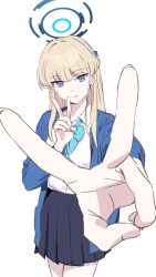 Rule 34 | 1girl, absurdres, black skirt, blonde hair, blue archive, blue eyes, blue jacket, blunt bangs, bow, bowtie, collared shirt, double v, hair between eyes, halo, highres, jacket, long hair, long sleeves, looking at viewer, open clothes, open jacket, pleated skirt, shirt, shun420820, simple background, skirt, toki (blue archive), v, white background, white shirt