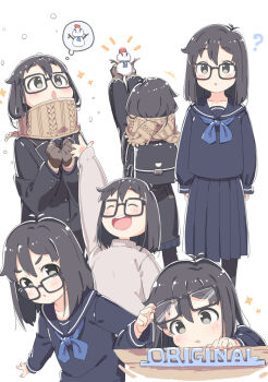 Rule 34 | 1girl, backpack, bag, black-framed eyewear, black bag, black eyes, black hair, black jacket, black pantyhose, blue neckerchief, blue sailor collar, blue serafuku, blue shirt, blue skirt, brown gloves, brown scarf, enpera, glasses, gloves, grey sweater, hair between eyes, holding snowman, jacket, kuresuku (lessons), long sleeves, medium hair, multiple views, neckerchief, original, pantyhose, pleated skirt, sailor collar, scarf, school uniform, serafuku, shirt, skirt, snowman, speech bubble, sweater, thought bubble, white background