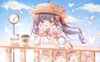 1girl :d absurdres bag bird black_hair blue_sky blush bow brown_eyes bug butterfly buttons center_frills clock cloud commentary_request commission criss-cross_halter cup day disposable_coffee_cup disposable_cup dot_nose dress falling_leaves floating_clothes floating_hair flower food frills hair_flower hair_ornament hairclip halterneck hands_on_own_cheeks hands_on_own_face hands_up hat hat_bow hat_flower heart heart_hair_ornament highres indie_virtual_youtuber insect leaf lens_flare light_particles long_hair looking_at_viewer medium_dress mike_mochi muffin neck_ribbon open_mouth outdoors pink_bow plant plastic_bag railing red_bow red_ribbon ribbon sash see-through_clothes see-through_sleeves sidelocks skeb_commission sky sleeve_ribbon smile straw_hat takoko_(vtuber) twintails upper_body vines virtual_youtuber waist_bow waist_sash white_butterfly white_dress wind x_hair_ornament