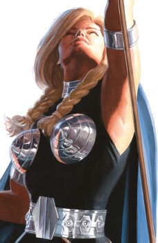 1girl absurdres alex_ross arm_up armlet belt black_shirt blonde_hair blue_cape braid brunnhilde_(marvel) cape comic_cover cover cover_page grey_armor highres holding holding_polearm holding_weapon jewelry looking_up low_twin_braids marvel official_art polearm shirt silver_armlet silver_belt solo thor_(marvel)_(series) twin_braids upper_body valkyrie_(marvel) weapon western_comics_(style) white_background