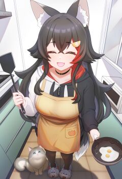 1girl :d ^_^ absurdres animal_ear_fluff animal_ears animal_slippers apron black_collar black_hair black_hoodie black_pantyhose blush breasts cat closed_eyes collar commentary_request flipped_hair fried_egg frying_pan gab_(gabgab_fa) grey_slippers hair_ornament hairclip highres holding holding_frying_pan holding_spatula hololive hood hood_down hoodie indoors kitchen large_breasts long_sleeves miochun miofa_(ookami_mio) ookami_mio ookami_mio_(hoodie) open_mouth pantyhose puffy_long_sleeves puffy_sleeves red_streaks slippers smile solo spatula spiked_hair tail tile_floor tiles two-tone_hoodie virtual_youtuber white_hoodie wolf_ears wolf_girl wolf_tail yellow_apron