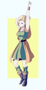1girl arm_behind_head arms_up bianca_(dq5) black_boots blonde_hair blue_eyes boots braid breasts choker collarbone commentary_request dragon_quest dragon_quest_v dress earrings full_body green_dress grey_choker hair_over_shoulder highres jewelry lee_(dragon_garou) medium_breasts medium_dress single_braid solo