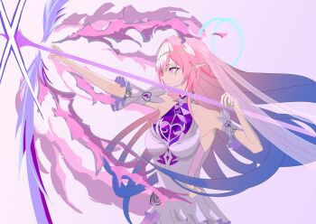 1girl absurdres aiming aqua_hair arrow_(projectile) bare_shoulders bow_(weapon) breasts commentary_request cyrene_(honkai:_star_rail) cyrene_(ripples_of_past_reverie)_(honkai:_star_rail) dress highres holding holding_arrow holding_bow_(weapon) holding_weapon honkai:_star_rail honkai_(series) large_breasts long_hair multicolored_hair murapiku0211 pink_hair pointy_ears purple_eyes simple_background solo two-tone_hair very_long_hair weapon white_background white_dress