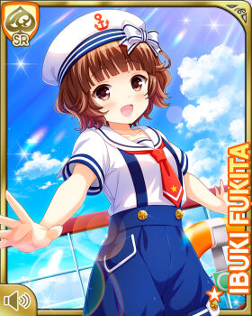 Rule 34 | 1girl, bird, blue legwear, blue shorts, bow, brown eyes, brown hair, card, character name, day, duck, fukita ibuki, girlfriend (kari), hair ornament, hairclip, hat, looking at viewer, ocean, official art, open mouth, outdoors, qp:flapper, red neckwear, sailor hat, ship, shirt, short hair, short sleeves, shorts, smile, striped leggings, watercraft, white bow, white headwear, white shirt
